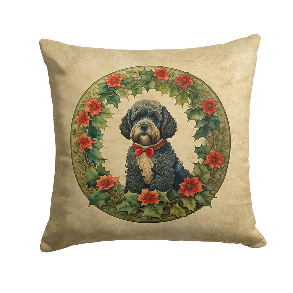 Portuguese Water Dog Christmas Flowers Decorative Throw Pillow 14x14 Indoor Outdoor Accent Cushion, Fabric Cover with Insert for Sofa, Bed, Porch & Living Room