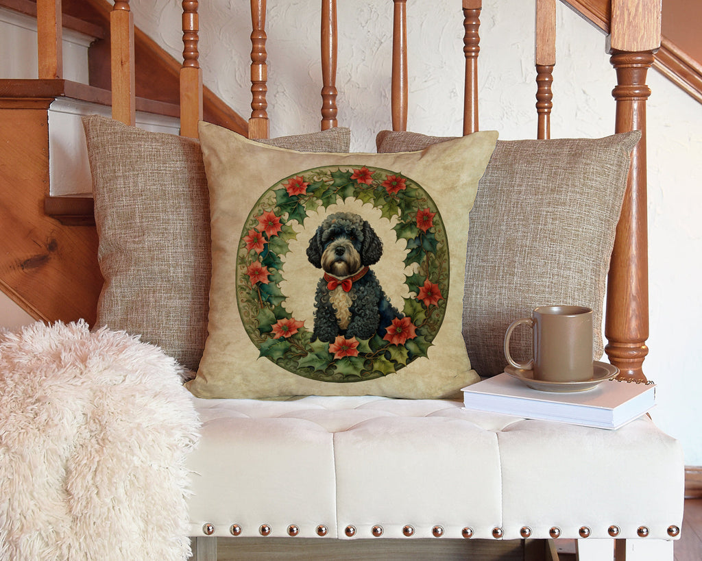 Portuguese Water Dog Christmas Flowers Decorative Throw Pillow 14x14 Indoor Outdoor Accent Cushion, Fabric Cover with Insert for Sofa, Bed, Porch & Living Room