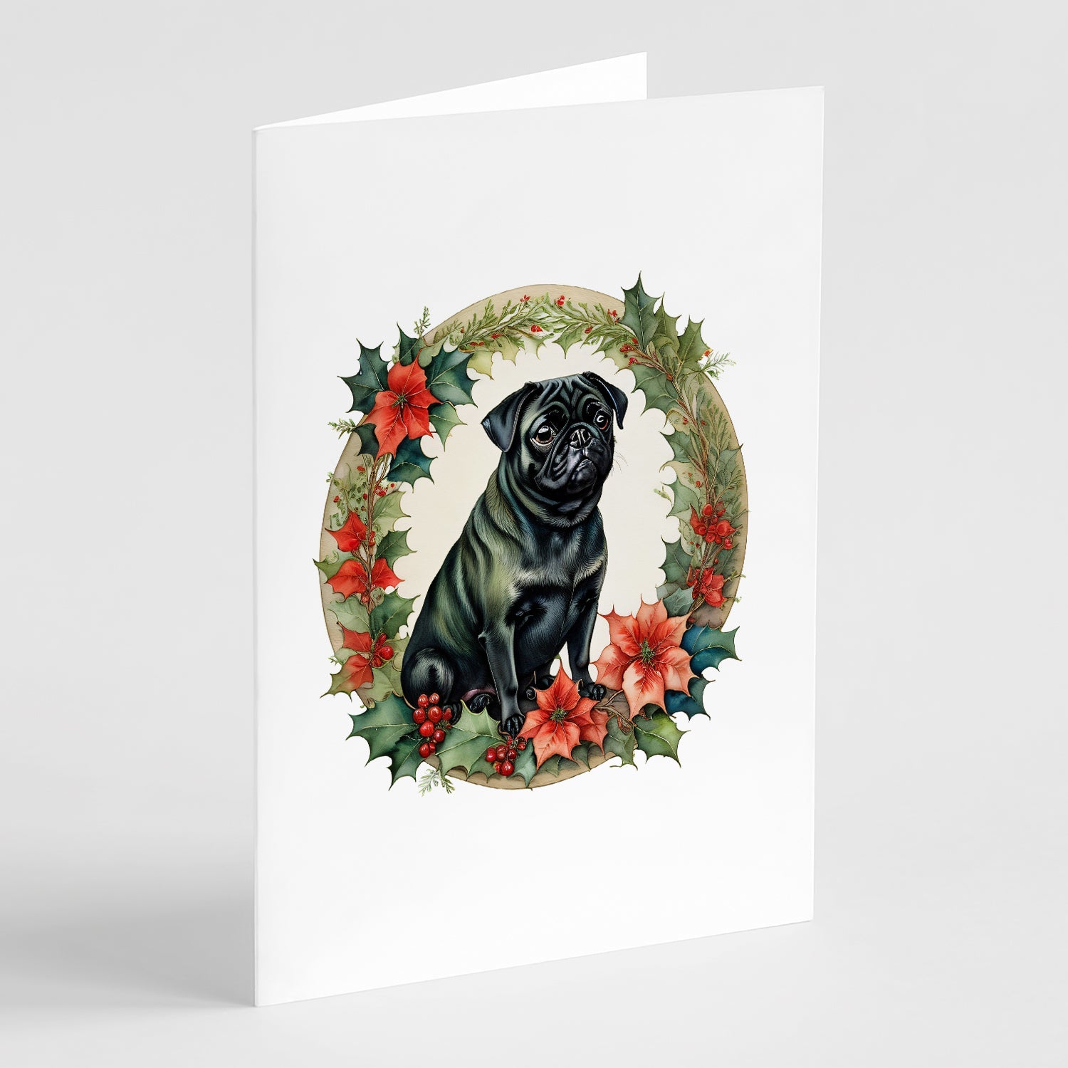 Pug Christmas Flowers Greeting Cards Pack of 8 Blank Cards with Envelopes Whimsical A7 Size 5x7