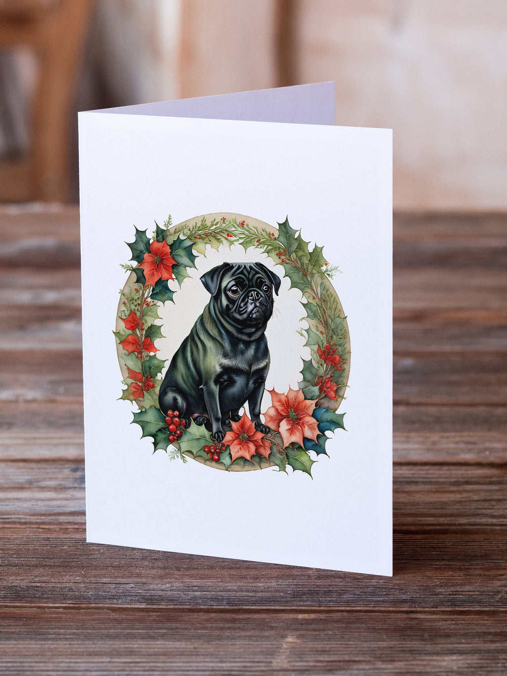 Pug Christmas Flowers Greeting Cards Pack of 8 Blank Cards with Envelopes Whimsical A7 Size 5x7