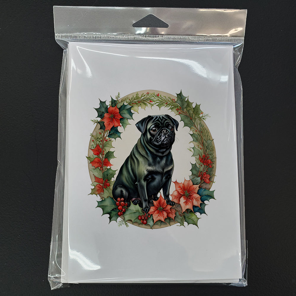 Pug Christmas Flowers Greeting Cards Pack of 8 Blank Cards with Envelopes Whimsical A7 Size 5x7