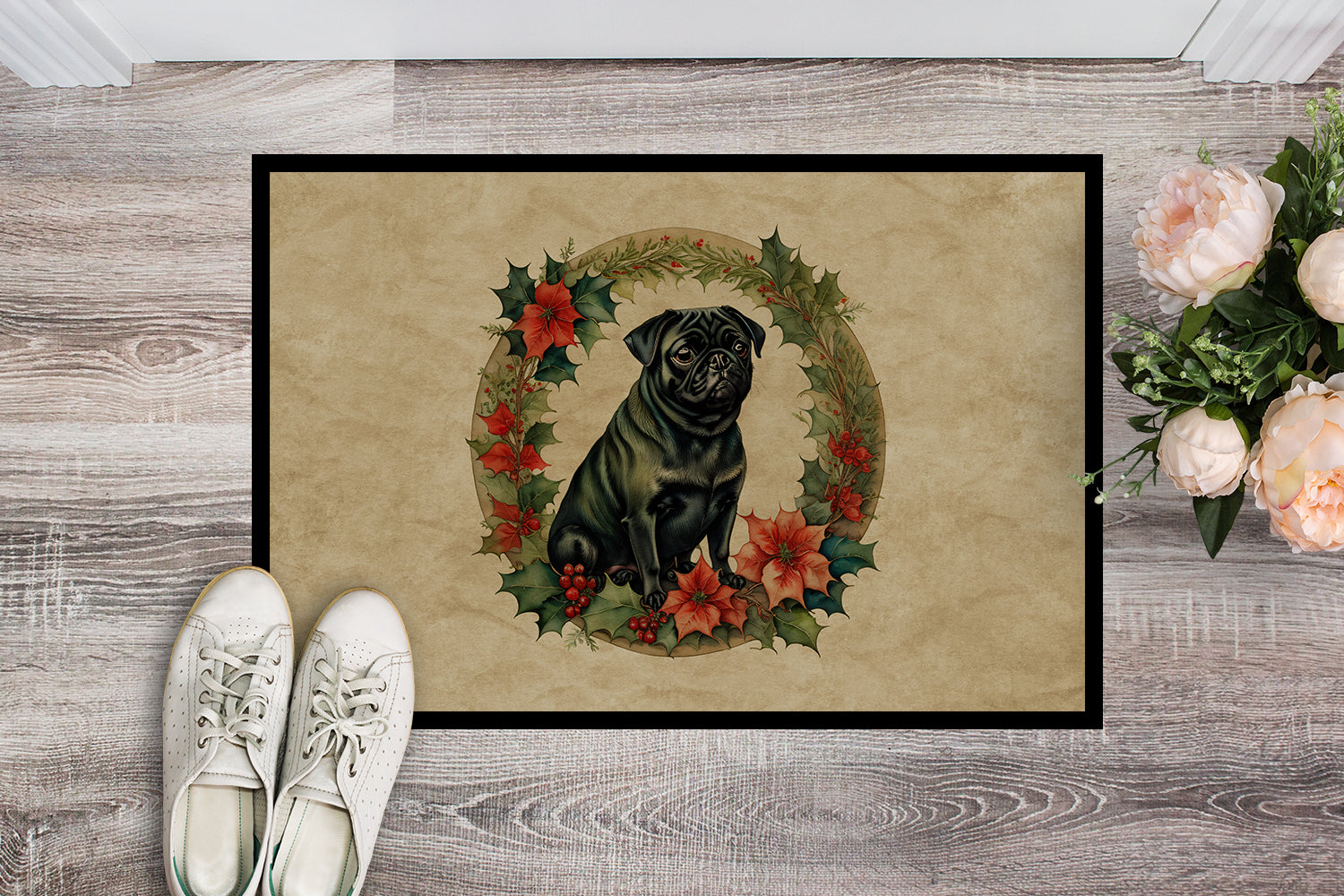 Pug Christmas Flowers Doormat Indoor Outdoor 24H X 36W Front Door Mat Rugs for Entryway, Non Slip Washable Low Pile,