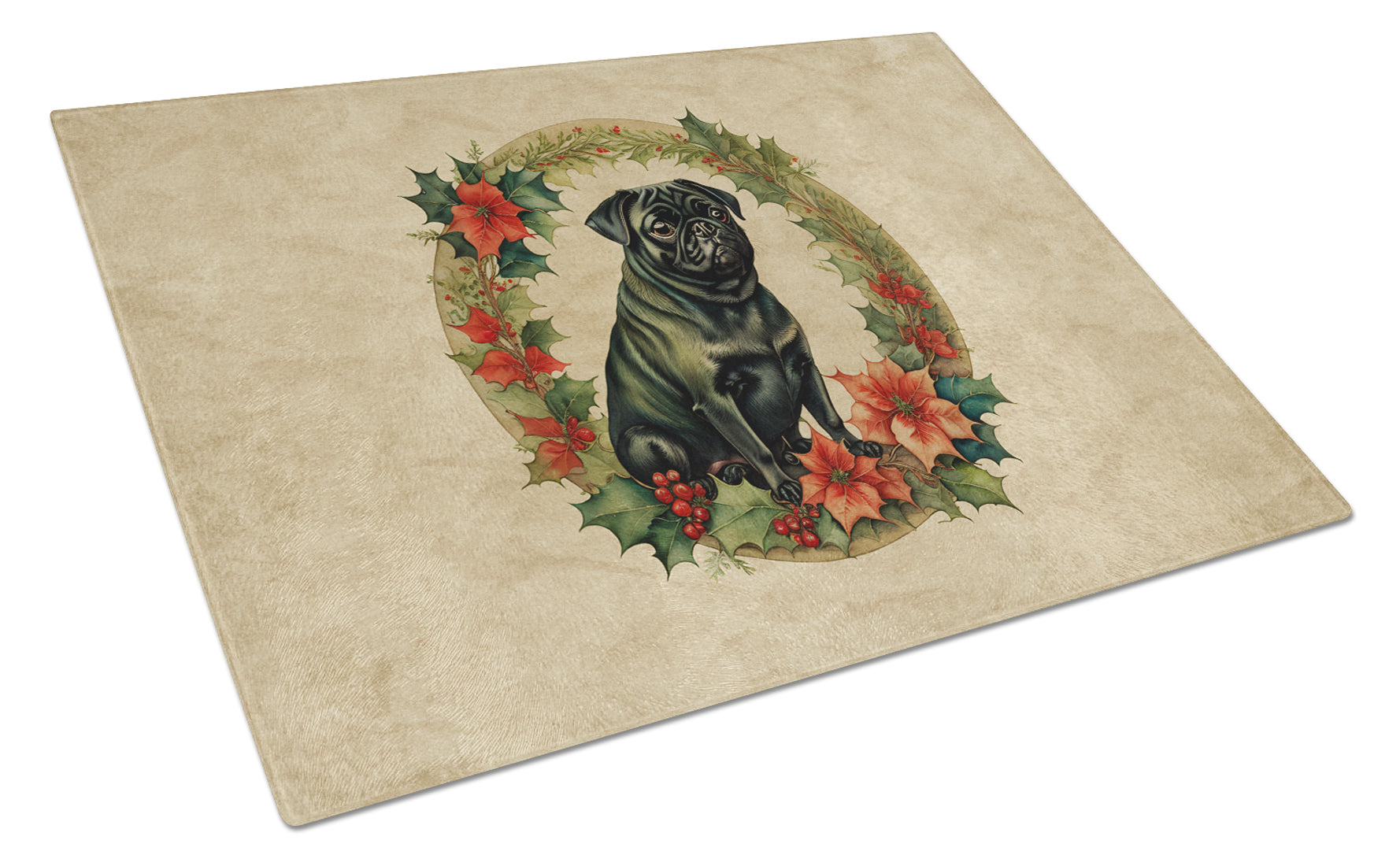 Pug Christmas Flowers Cutting Board Tempered Glass Kitchen Cutting Surface, Heat Resistant Chopping, Non-Slip Feet, Food Prep & Serving