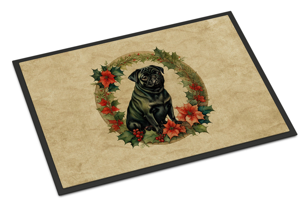 Pug Christmas Flowers Doormat Indoor Outdoor 18H X 27W Front Door Mat Rugs for Entryway, Non Slip Washable