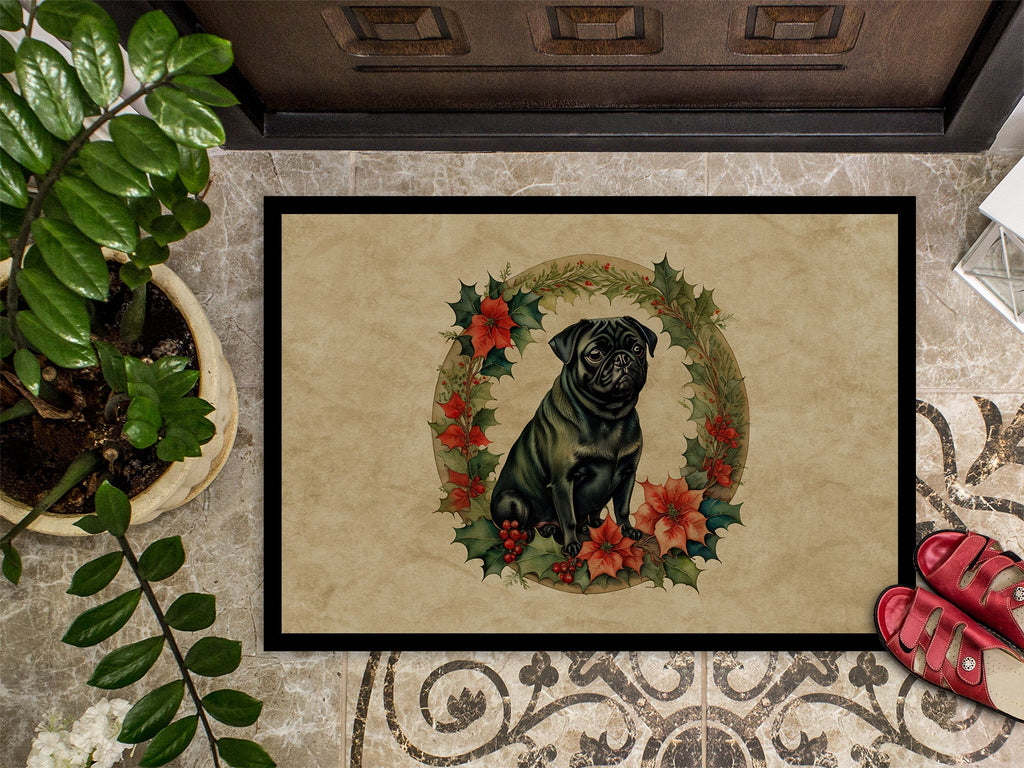 Pug Christmas Flowers Doormat Indoor Outdoor 18H X 27W Front Door Mat Rugs for Entryway, Non Slip Washable