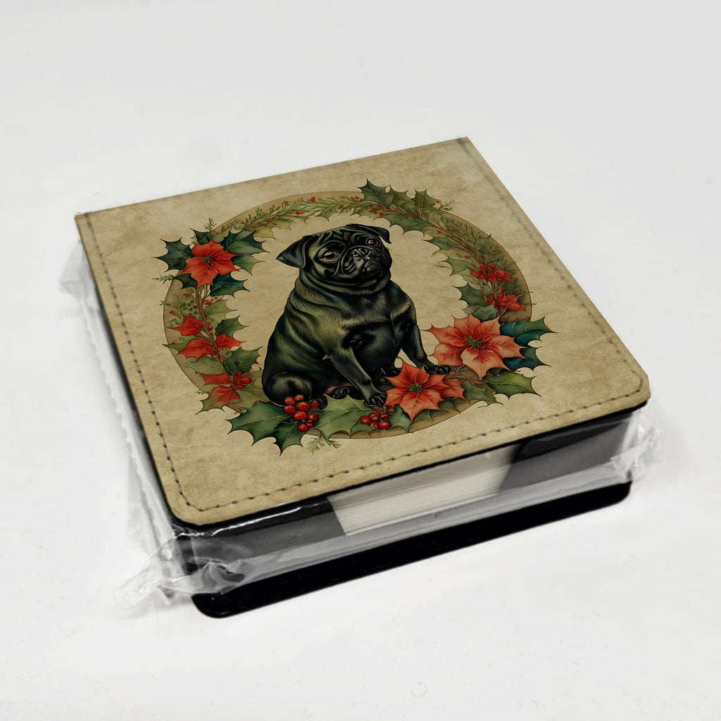 Pug Christmas Flowers PU Leather Note Paper Holder with Artist-Designed Cover, Desk Accessory, Office Gift