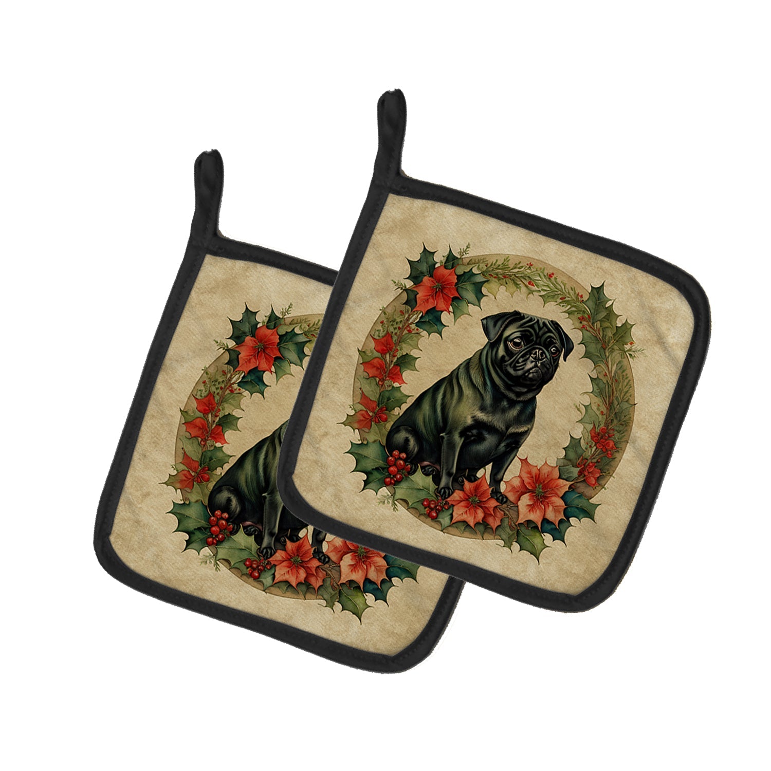 Pug Christmas Flowers Pot Holder Set of 2 Heat Resistant Quilted Hot Pads 7.5 x 7.5 Inch, Insulated Kitchen Trivets for Cooking & Baking