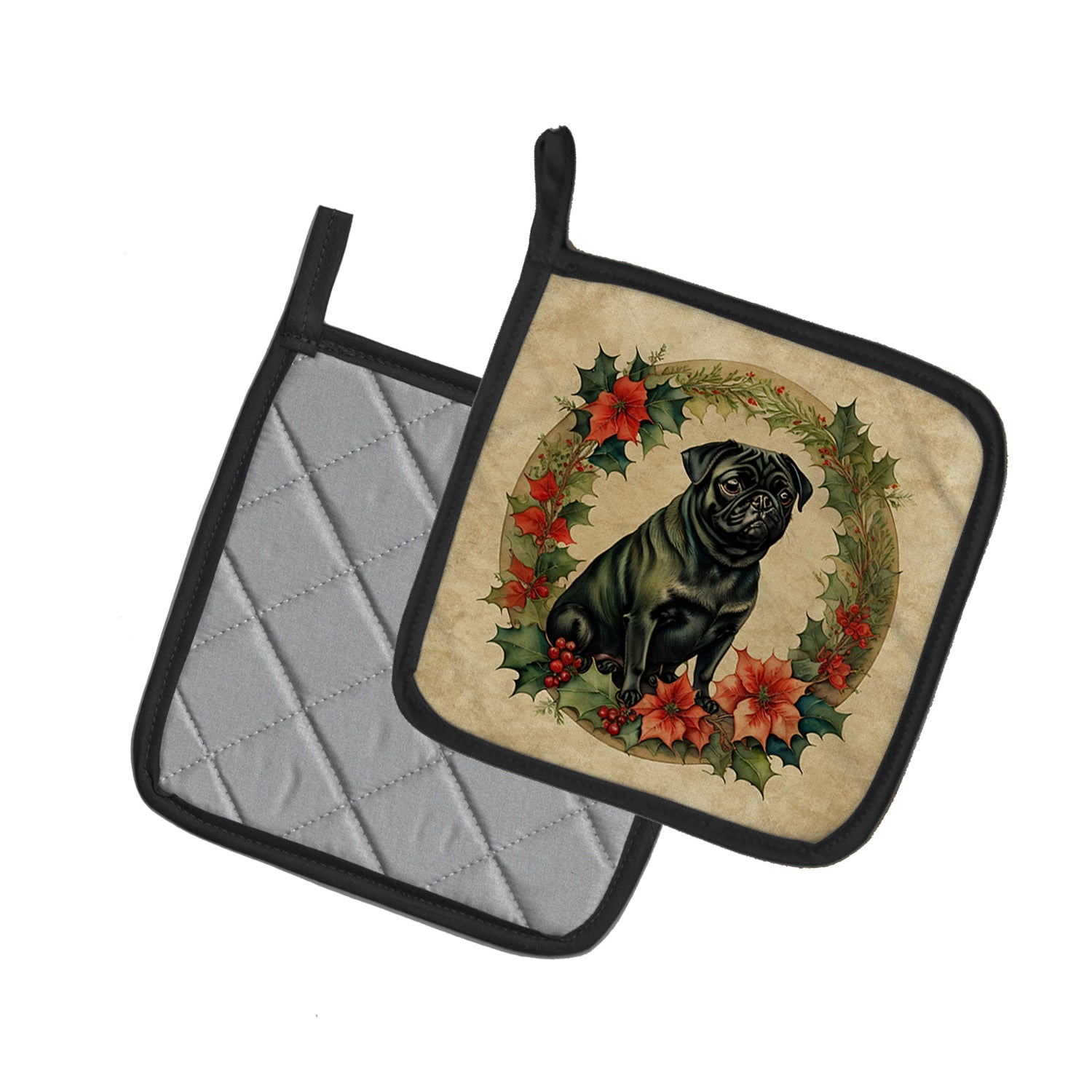 Pug Christmas Flowers Pot Holder Set of 2 Heat Resistant Quilted Hot Pads 7.5 x 7.5 Inch, Insulated Kitchen Trivets for Cooking & Baking