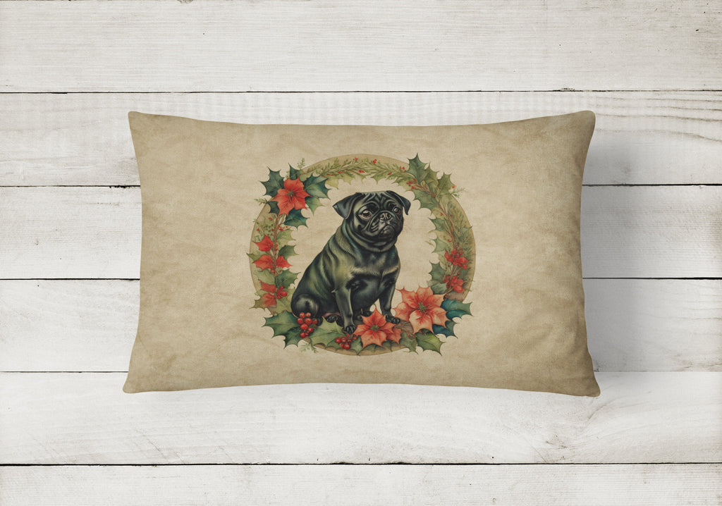 Pug Christmas Flowers Decorative Throw Pillow 12x16 Indoor Outdoor Accent Cushion, Fabric Cover with Insert for Sofa, Bed, Porch & Living Room