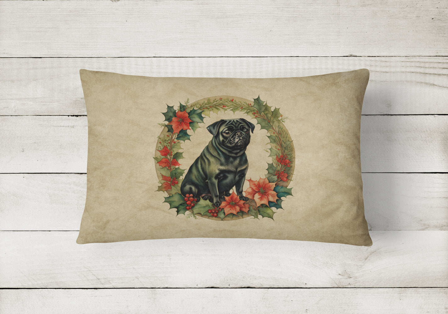 Pug Christmas Flowers Decorative Throw Pillow 12x16 Indoor Outdoor Accent Cushion, Fabric Cover with Insert for Sofa, Bed, Porch & Living Room