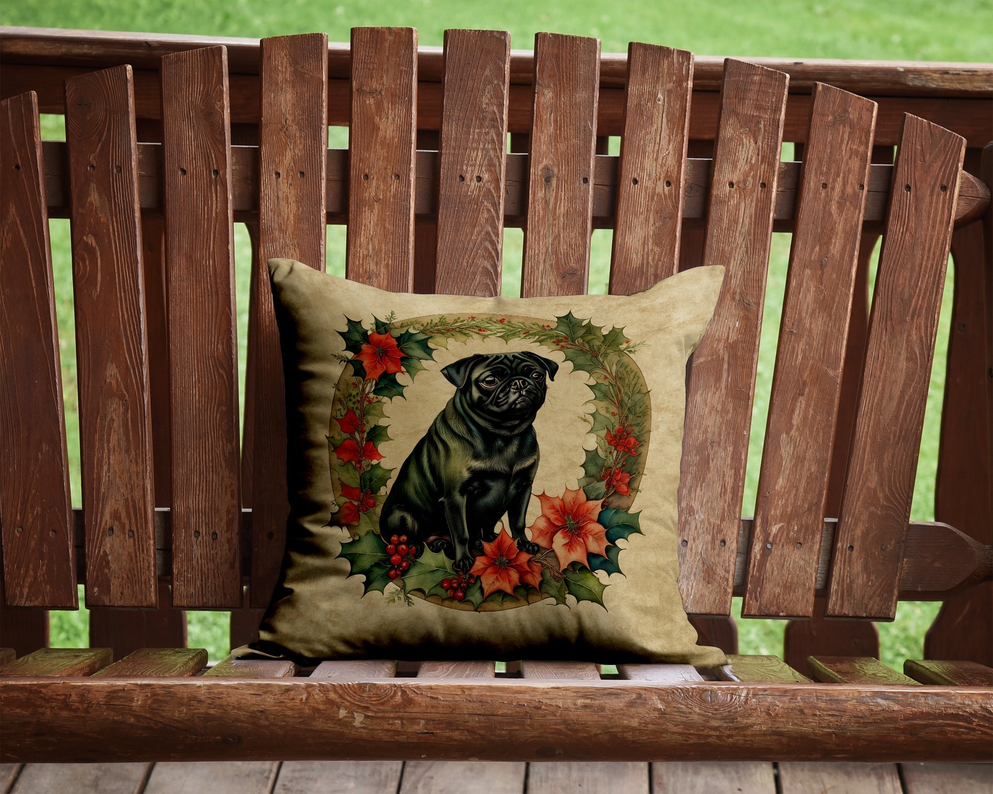Pug Christmas Flowers Decorative Throw Pillow 14x14 Indoor Outdoor Accent Cushion, Fabric Cover with Insert for Sofa, Bed, Porch & Living Room
