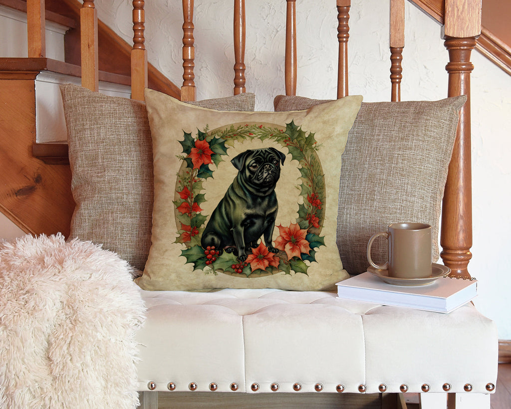 Pug Christmas Flowers Decorative Throw Pillow 14x14 Indoor Outdoor Accent Cushion, Fabric Cover with Insert for Sofa, Bed, Porch & Living Room