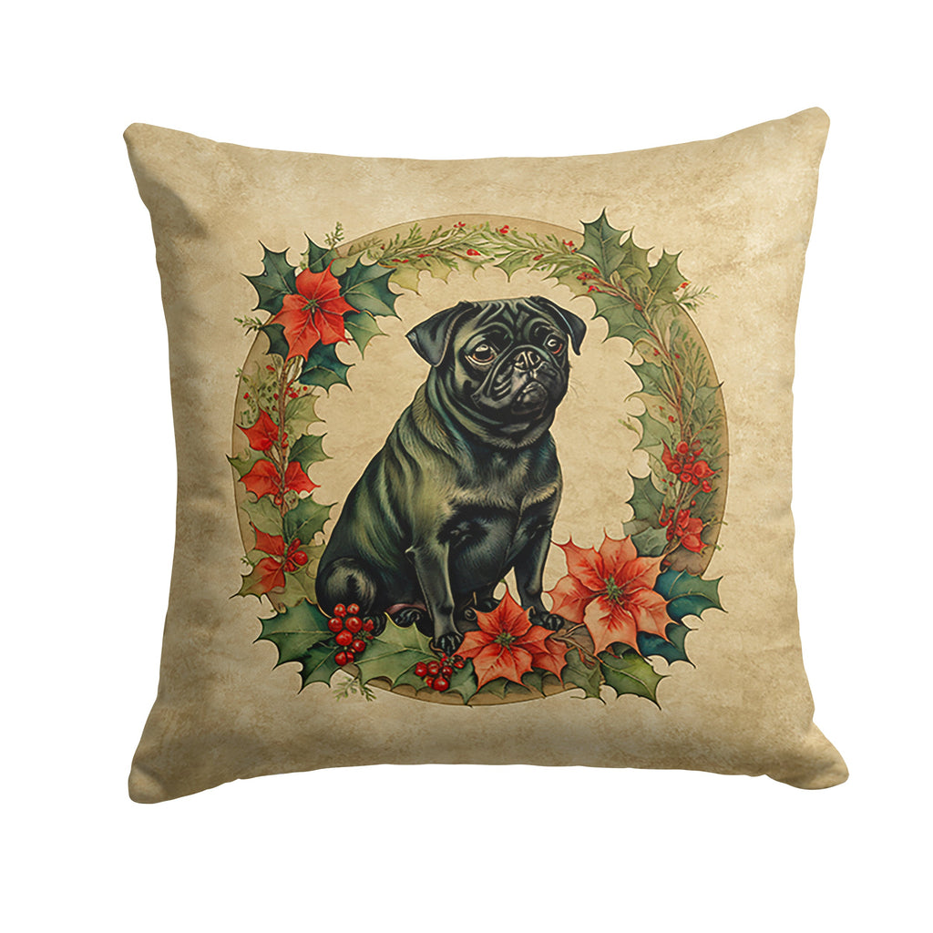 Pug Christmas Flowers Decorative Throw Pillow 18x18 Indoor Outdoor Accent Cushion, Fabric Cover with Insert for Sofa, Bed, Porch & Living Room
