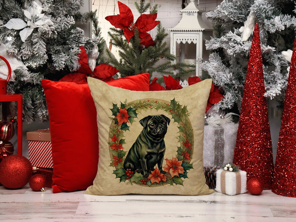 Pug Christmas Flowers Decorative Throw Pillow 18x18 Indoor Outdoor Accent Cushion, Fabric Cover with Insert for Sofa, Bed, Porch & Living Room