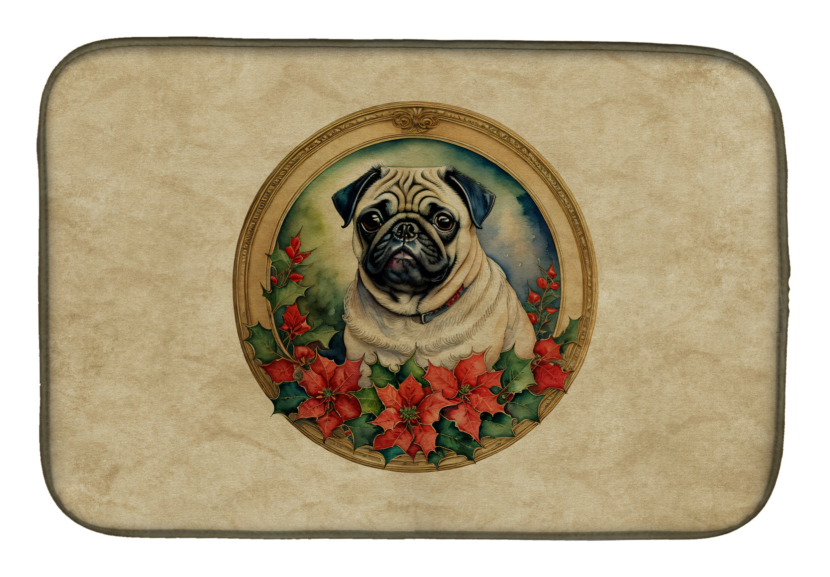 Pug Christmas Flowers Dish Drying Mat Absorbent Dish Drying Mat Pad for Kitchen Counter Dish Drainer Mat for Countertop, 14 x 21", Multicolor