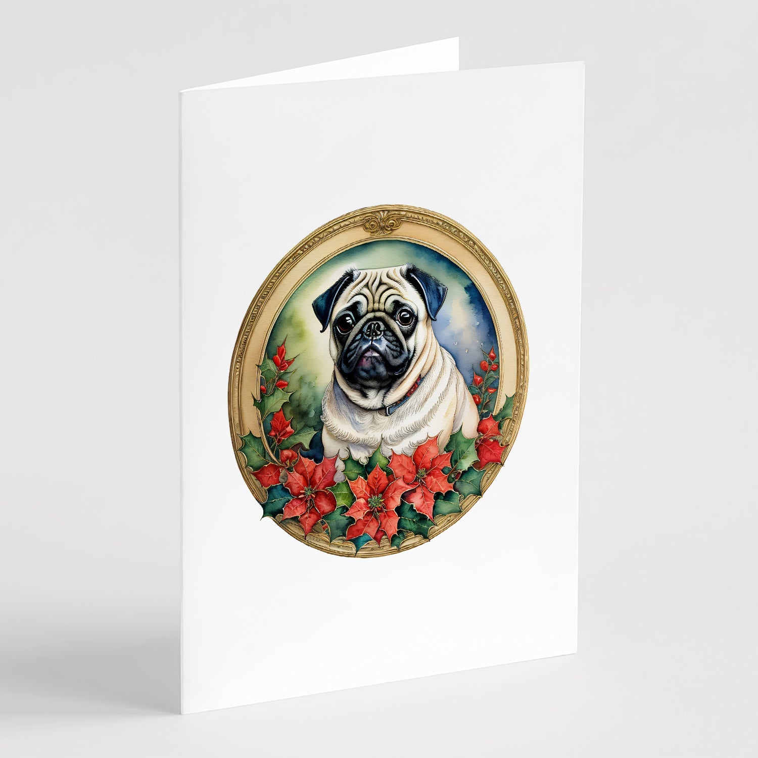 Pug Christmas Flowers Greeting Cards Pack of 8 Blank Cards with Envelopes Whimsical A7 Size 5x7