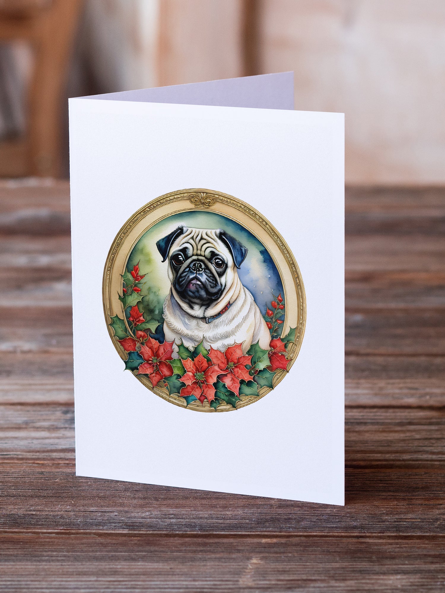 Pug Christmas Flowers Greeting Cards Pack of 8 Blank Cards with Envelopes Whimsical A7 Size 5x7