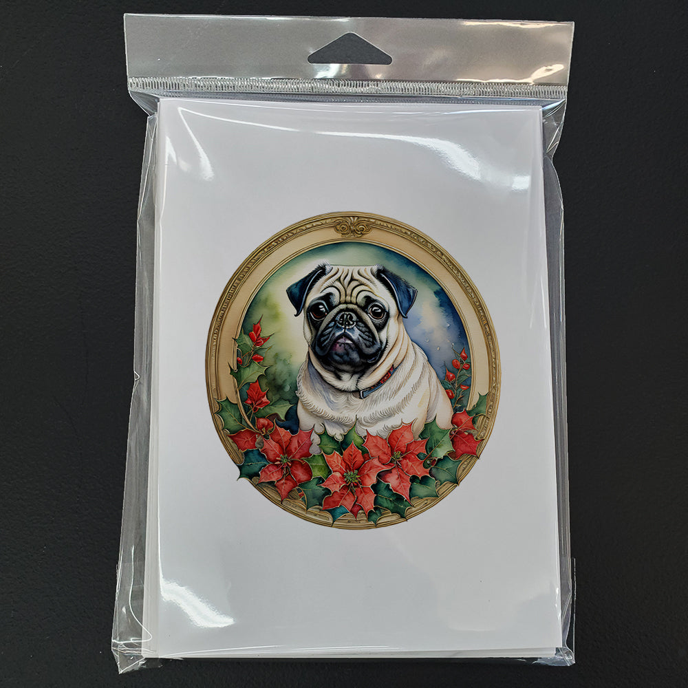 Pug Christmas Flowers Greeting Cards Pack of 8 Blank Cards with Envelopes Whimsical A7 Size 5x7