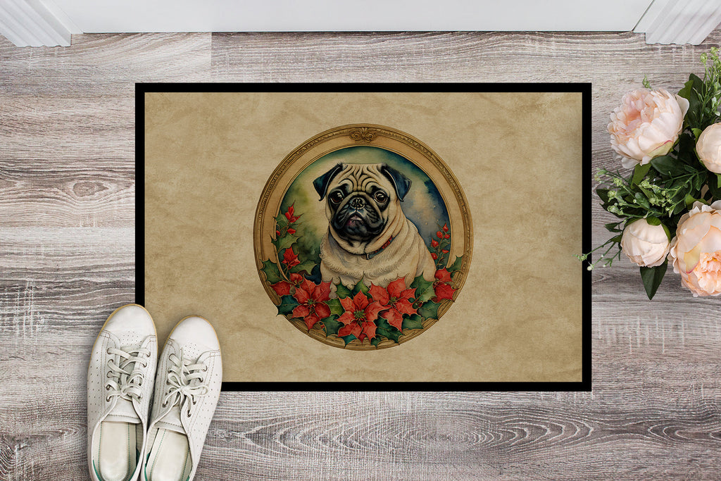 Pug Christmas Flowers Doormat Indoor Outdoor 24H X 36W Front Door Mat Rugs for Entryway, Non Slip Washable Low Pile,