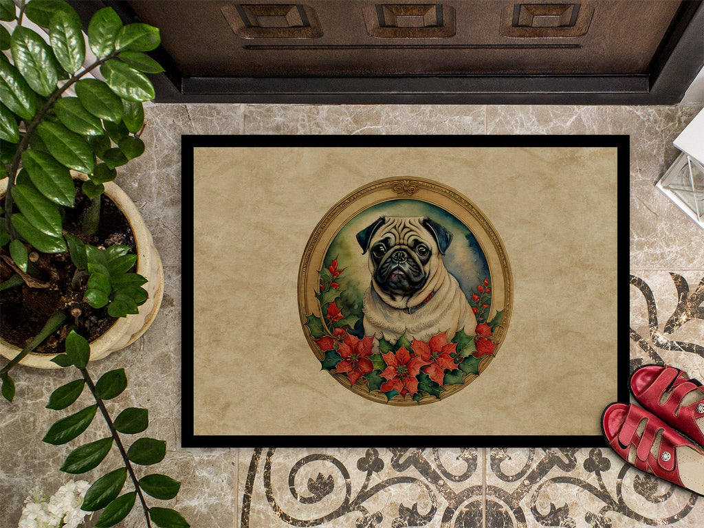 Pug Christmas Flowers Doormat Indoor Outdoor 24H X 36W Front Door Mat Rugs for Entryway, Non Slip Washable Low Pile,