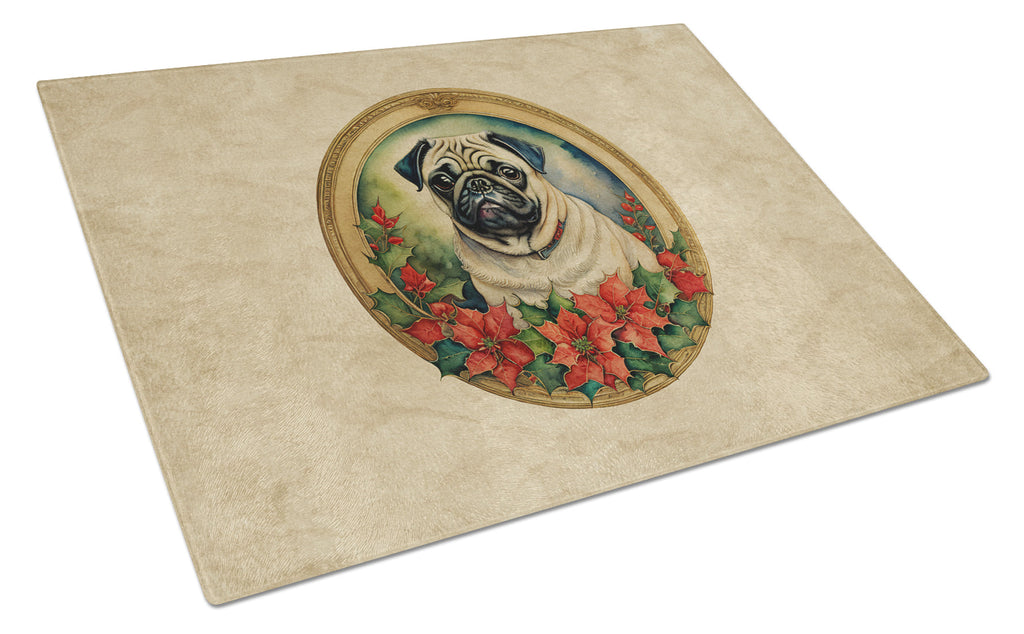 Pug Christmas Flowers Cutting Board Tempered Glass Kitchen Cutting Surface, Heat Resistant Chopping, Non-Slip Feet, Food Prep & Serving