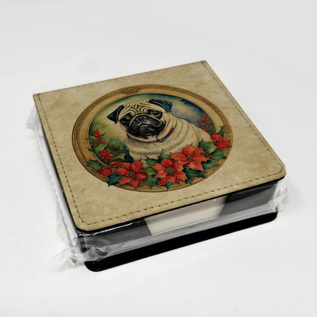 Pug Christmas Flowers PU Leather Note Paper Holder with Artist-Designed Cover, Desk Accessory, Office Gift