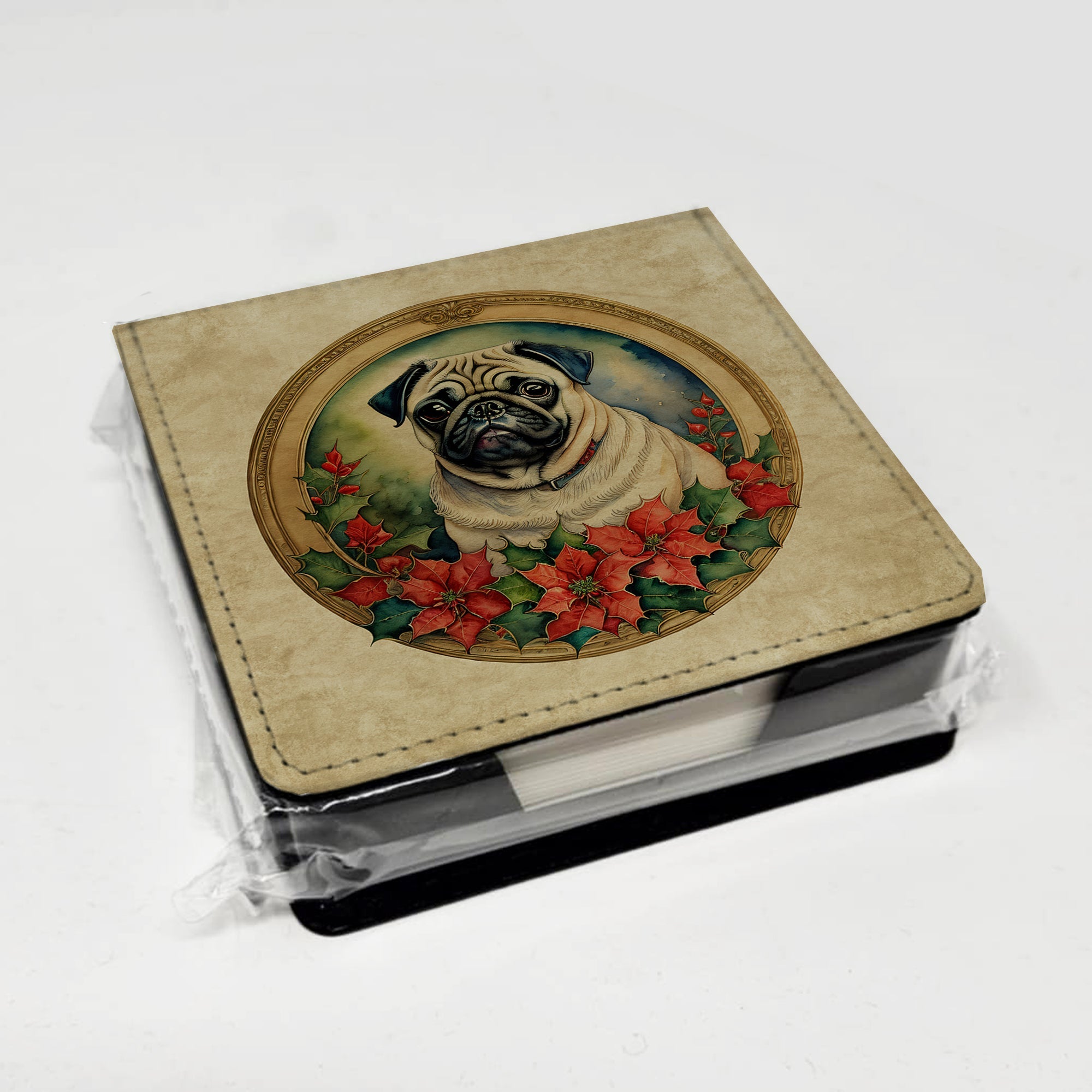 Pug Christmas Flowers PU Leather Note Paper Holder with Artist-Designed Cover, Desk Accessory, Office Gift
