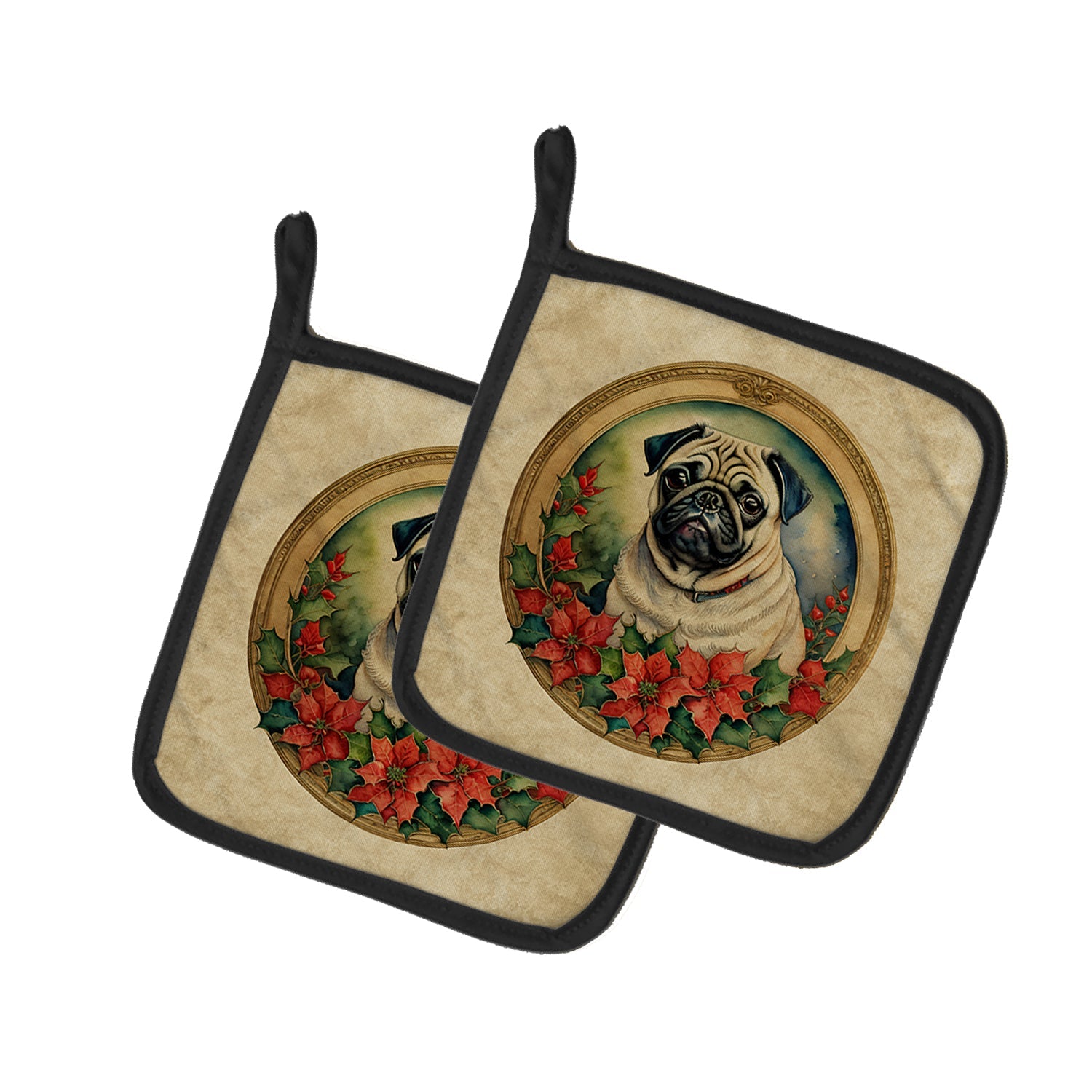 Pug Christmas Flowers Pot Holder Set of 2 Heat Resistant Quilted Hot Pads 7.5 x 7.5 Inch, Insulated Kitchen Trivets for Cooking & Baking