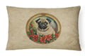 Pug Christmas Flowers Decorative Throw Pillow 12x16 Indoor Outdoor Accent Cushion, Fabric Cover with Insert for Sofa, Bed, Porch & Living Room