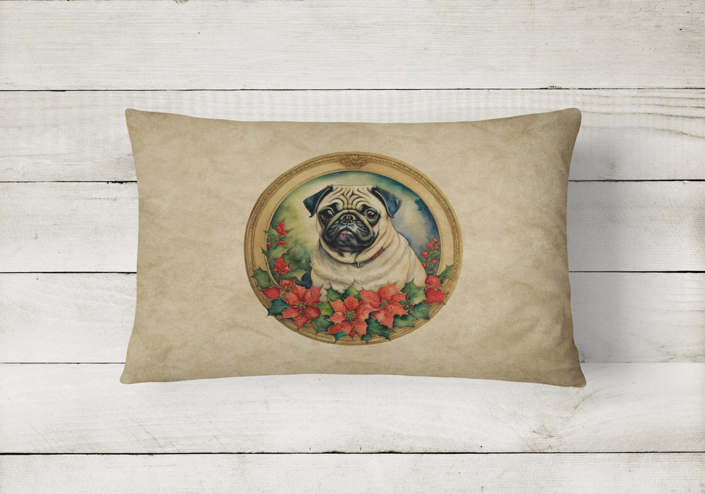Pug Christmas Flowers Decorative Throw Pillow 12x16 Indoor Outdoor Accent Cushion, Fabric Cover with Insert for Sofa, Bed, Porch & Living Room