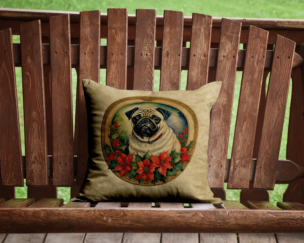 Pug Christmas Flowers Decorative Throw Pillow 14x14 Indoor Outdoor Accent Cushion, Fabric Cover with Insert for Sofa, Bed, Porch & Living Room