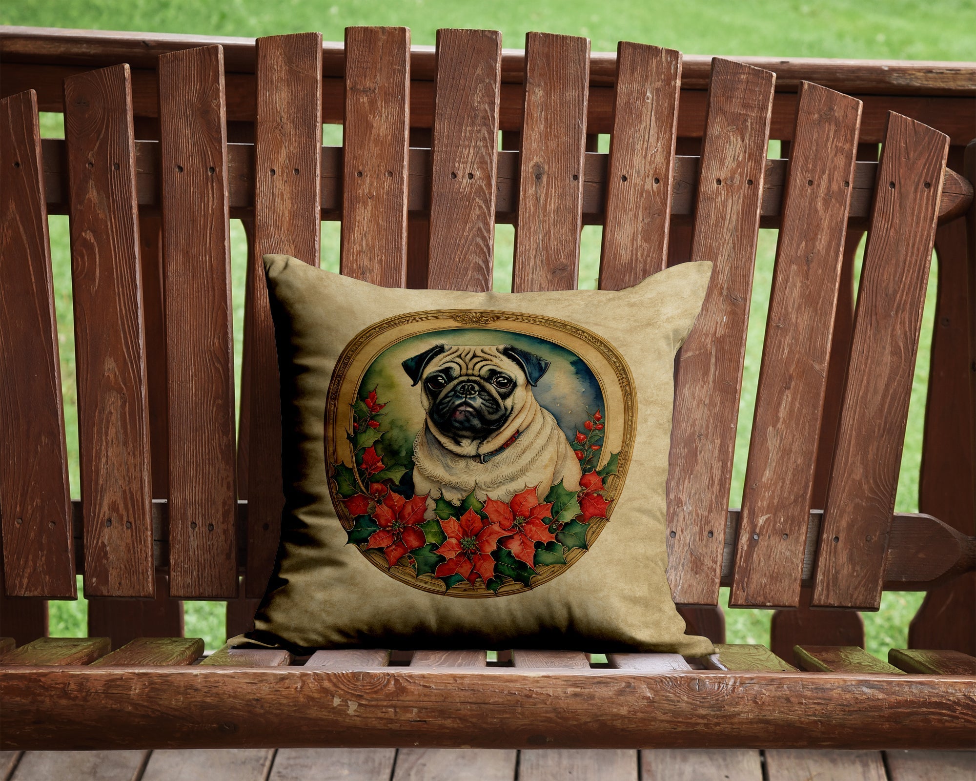 Pug Christmas Flowers Decorative Throw Pillow 14x14 Indoor Outdoor Accent Cushion, Fabric Cover with Insert for Sofa, Bed, Porch & Living Room