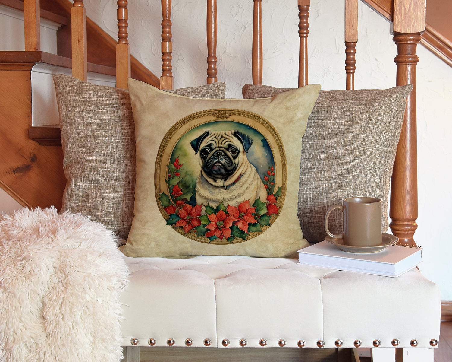 Pug Christmas Flowers Decorative Throw Pillow 14x14 Indoor Outdoor Accent Cushion, Fabric Cover with Insert for Sofa, Bed, Porch & Living Room