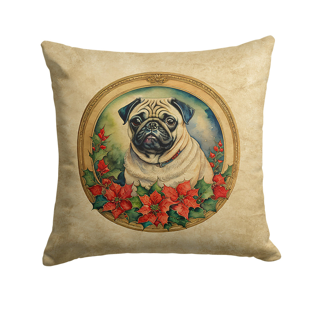 Pug Christmas Flowers Decorative Throw Pillow 18x18 Indoor Outdoor Accent Cushion, Fabric Cover with Insert for Sofa, Bed, Porch & Living Room