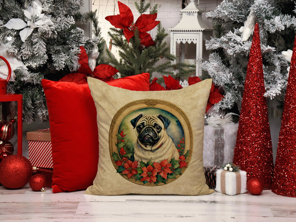 Pug Christmas Flowers Decorative Throw Pillow 18x18 Indoor Outdoor Accent Cushion, Fabric Cover with Insert for Sofa, Bed, Porch & Living Room