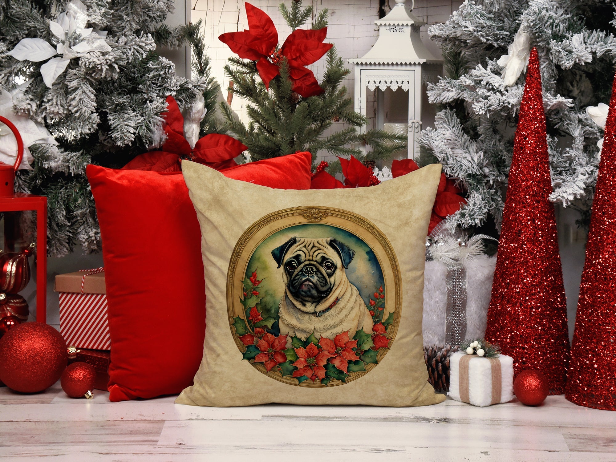Pug Christmas Flowers Decorative Throw Pillow 18x18 Indoor Outdoor Accent Cushion, Fabric Cover with Insert for Sofa, Bed, Porch & Living Room