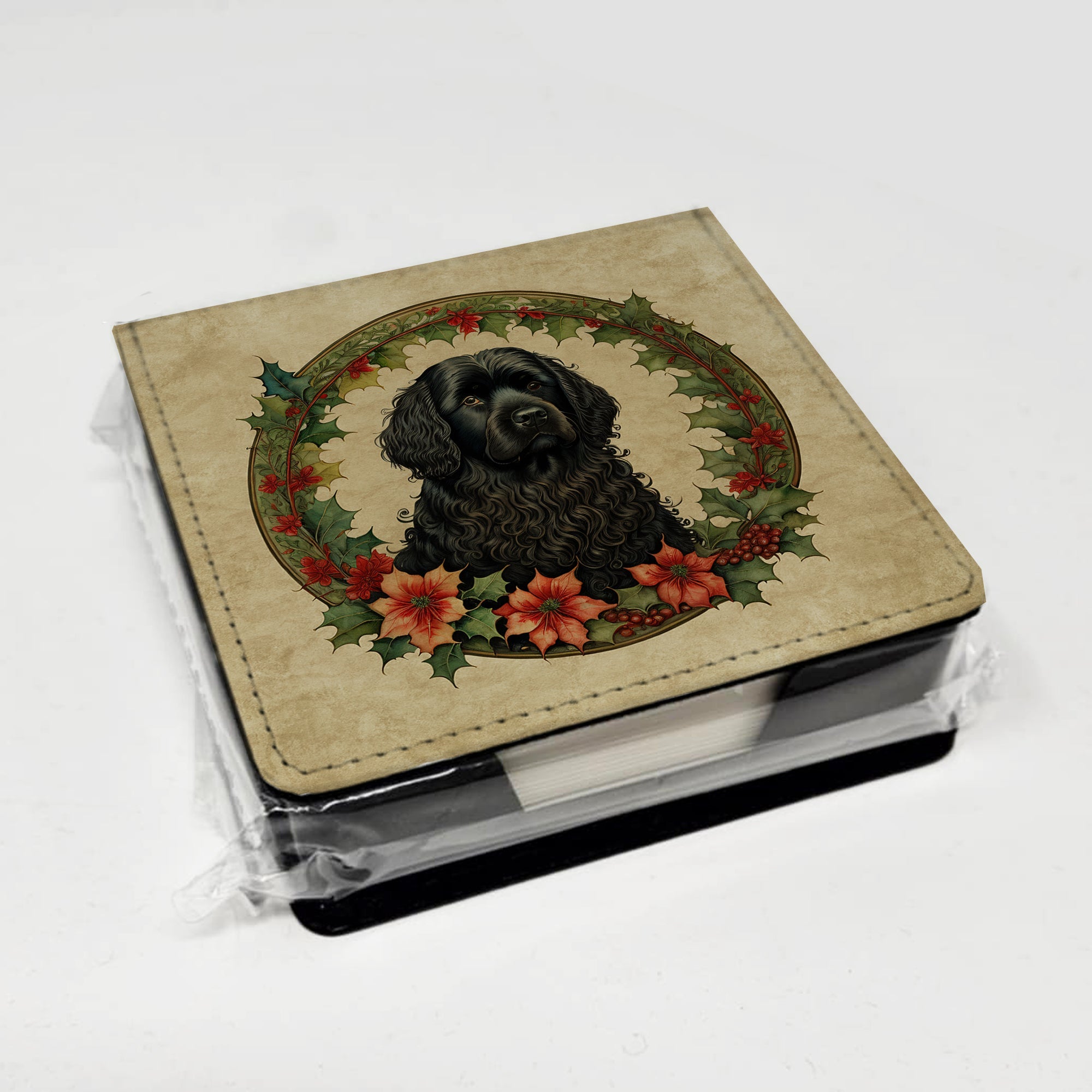 Puli Christmas Flowers PU Leather Note Paper Holder with Artist-Designed Cover, Desk Accessory, Office Gift