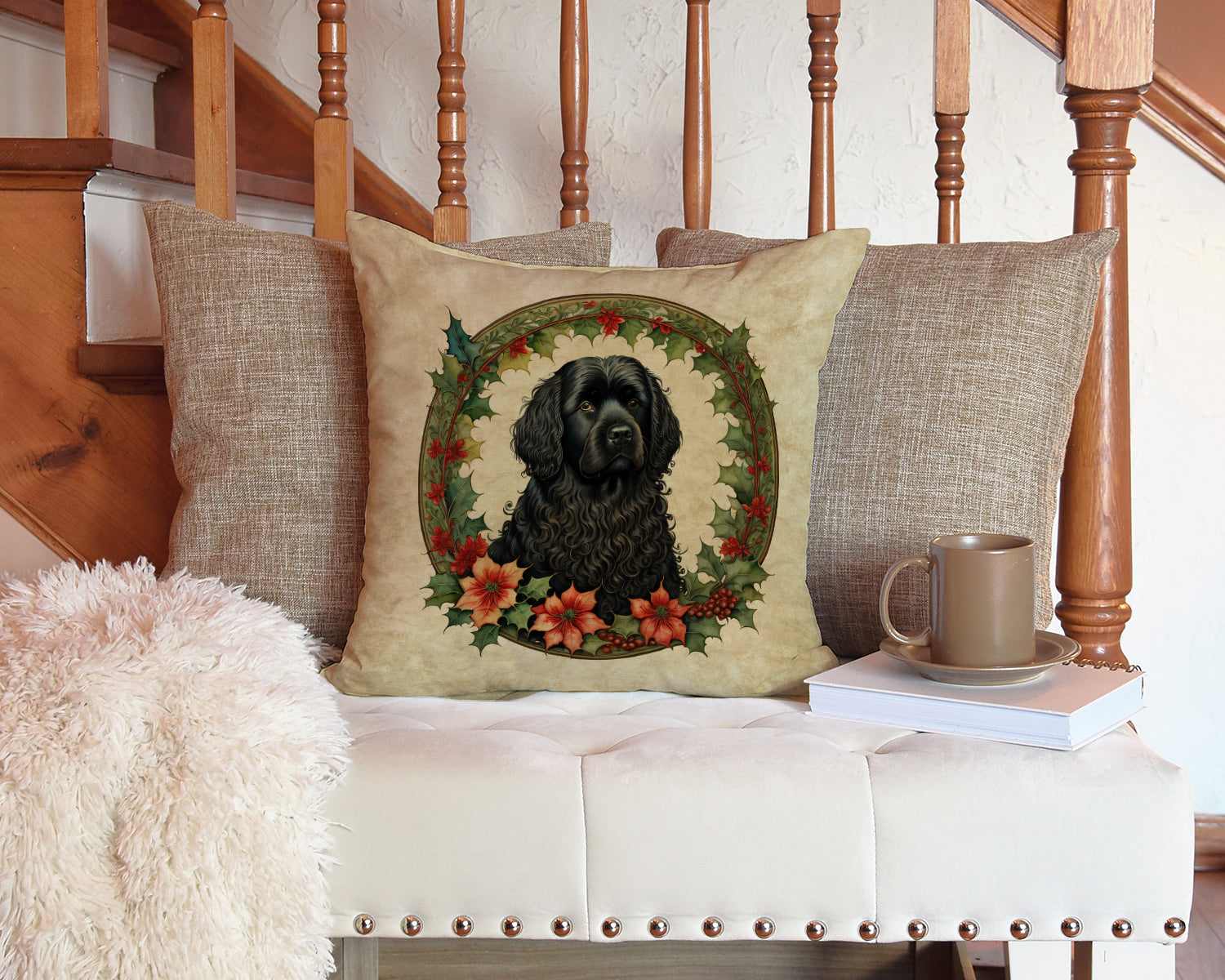 Puli Christmas Flowers Decorative Throw Pillow 14x14 Indoor Outdoor Accent Cushion, Fabric Cover with Insert for Sofa, Bed, Porch & Living Room