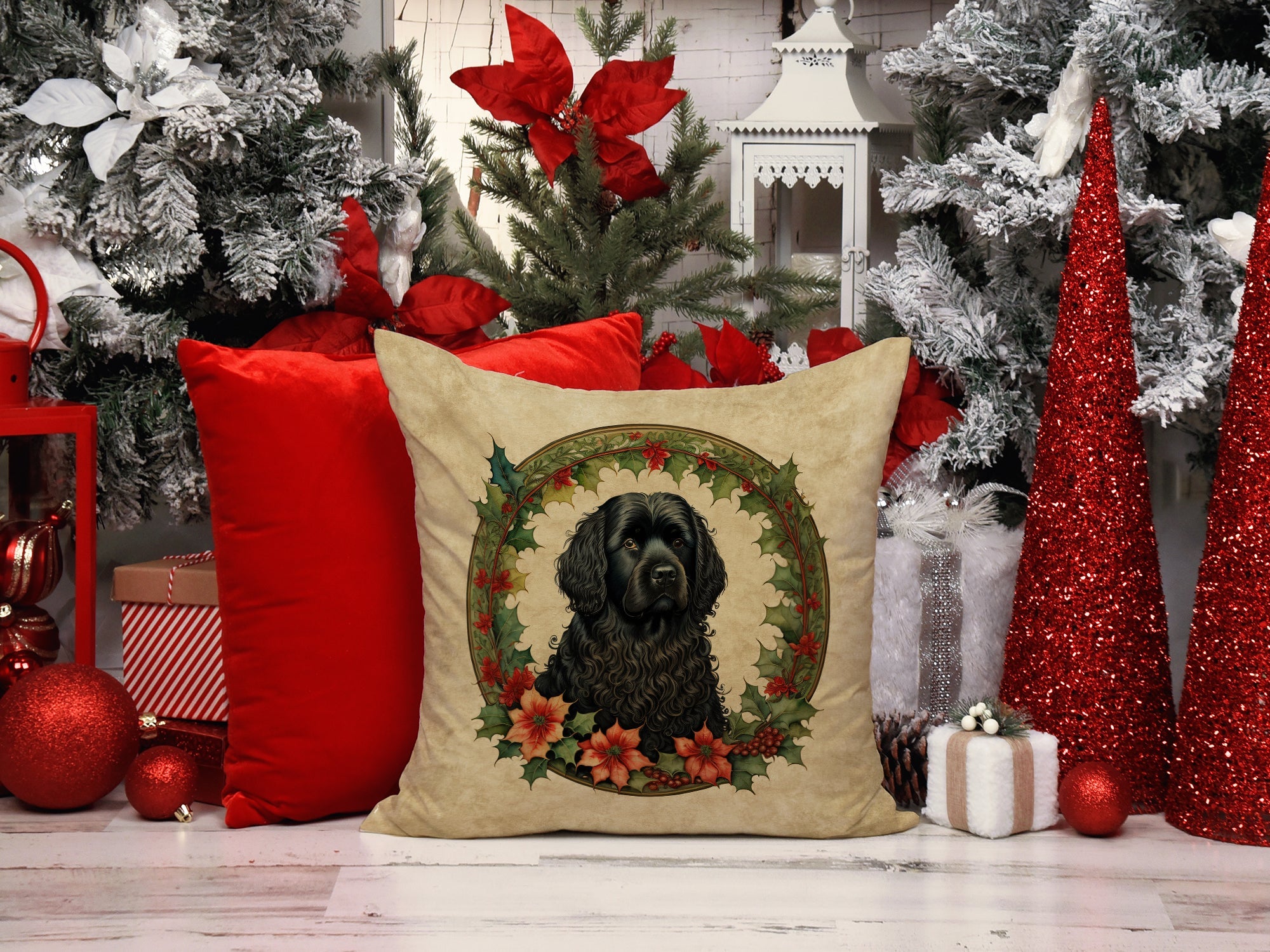 Puli Christmas Flowers Decorative Throw Pillow 18x18 Indoor Outdoor Accent Cushion, Fabric Cover with Insert for Sofa, Bed, Porch & Living Room