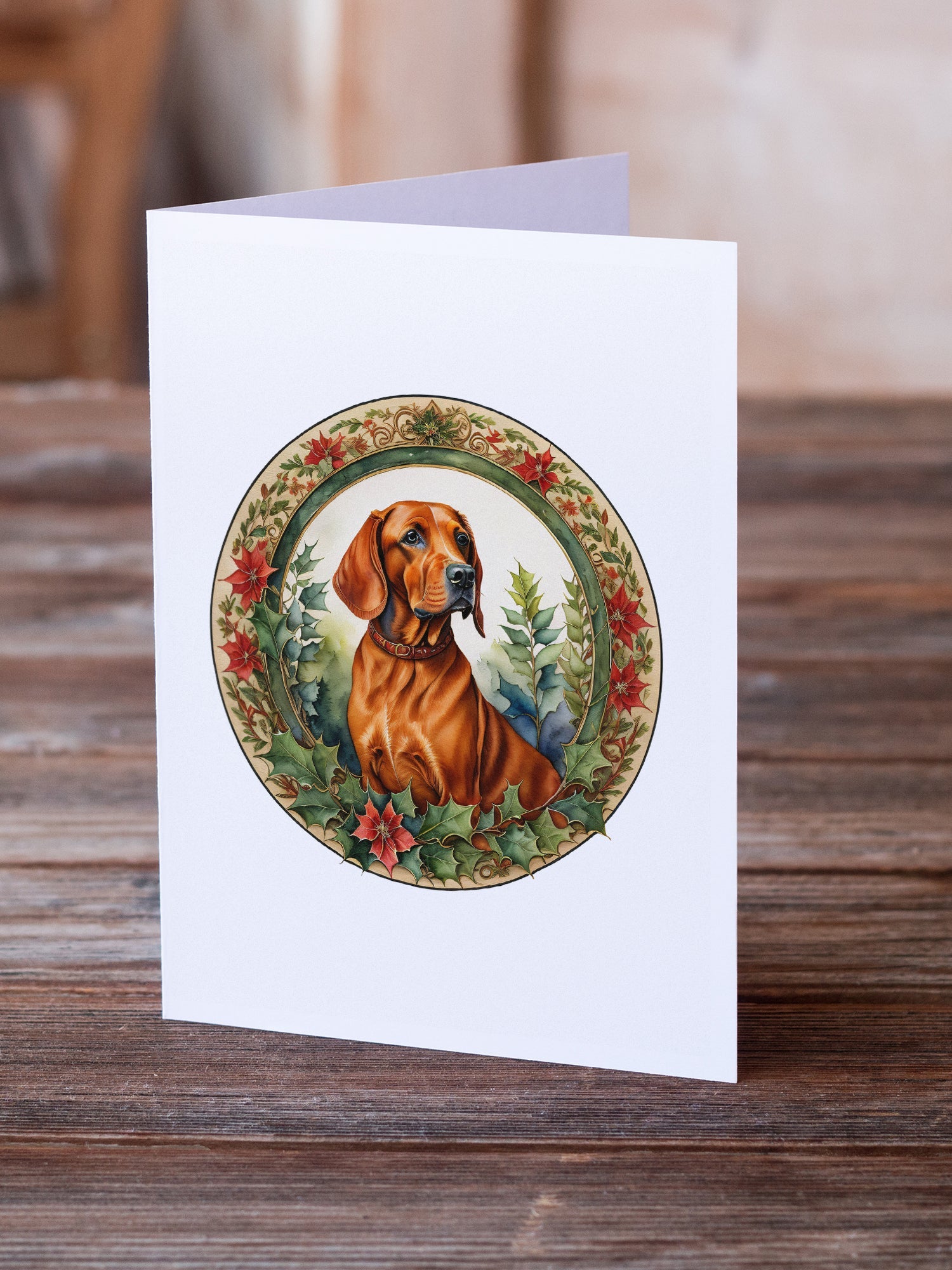 Red Redbone Coonhound Christmas Flowers Greeting Cards Pack of 8 Blank Cards with Envelopes Whimsical A7 Size 5x7