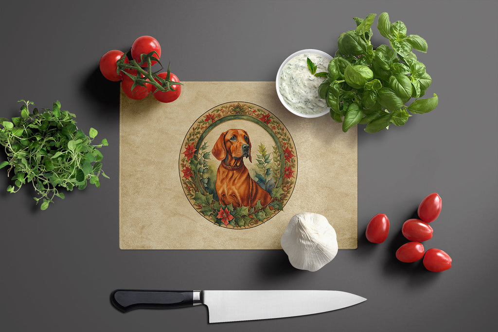 Red Redbone Coonhound Christmas Flowers Cutting Board Tempered Glass Kitchen Cutting Surface, Heat Resistant Chopping, Non-Slip Feet, Food Prep & Serving