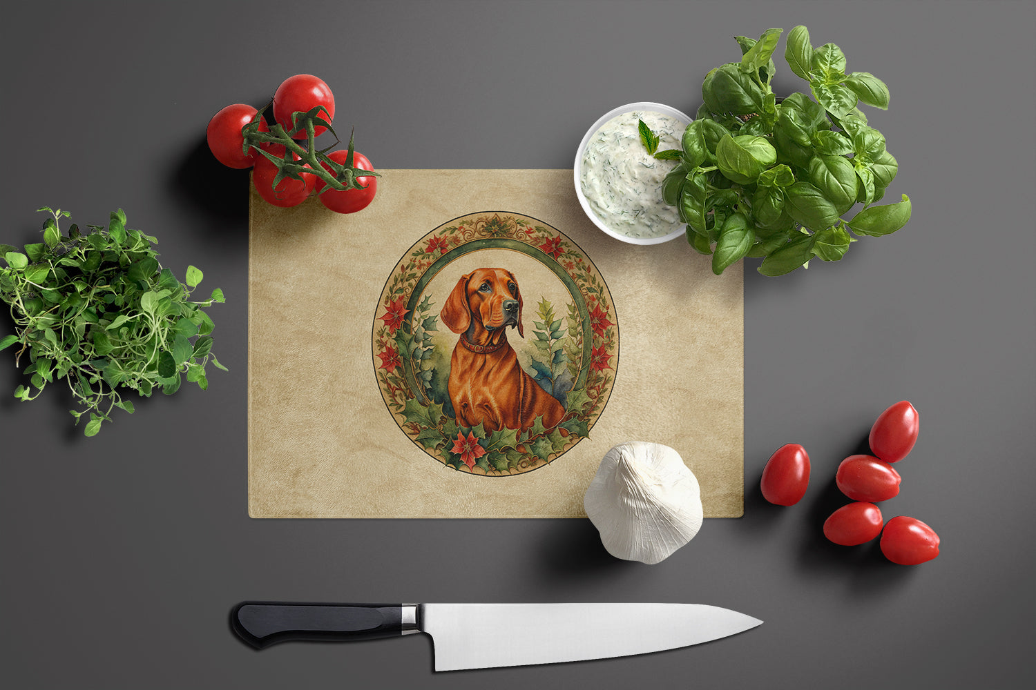 Red Redbone Coonhound Christmas Flowers Cutting Board Tempered Glass Kitchen Cutting Surface, Heat Resistant Chopping, Non-Slip Feet, Food Prep & Serving