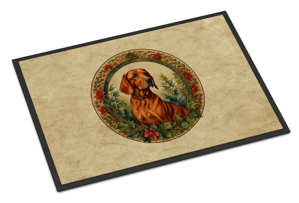 Red Redbone Coonhound Christmas Flowers Doormat Indoor Outdoor 18H X 27W Front Door Mat Rugs for Entryway, Non Slip Washable