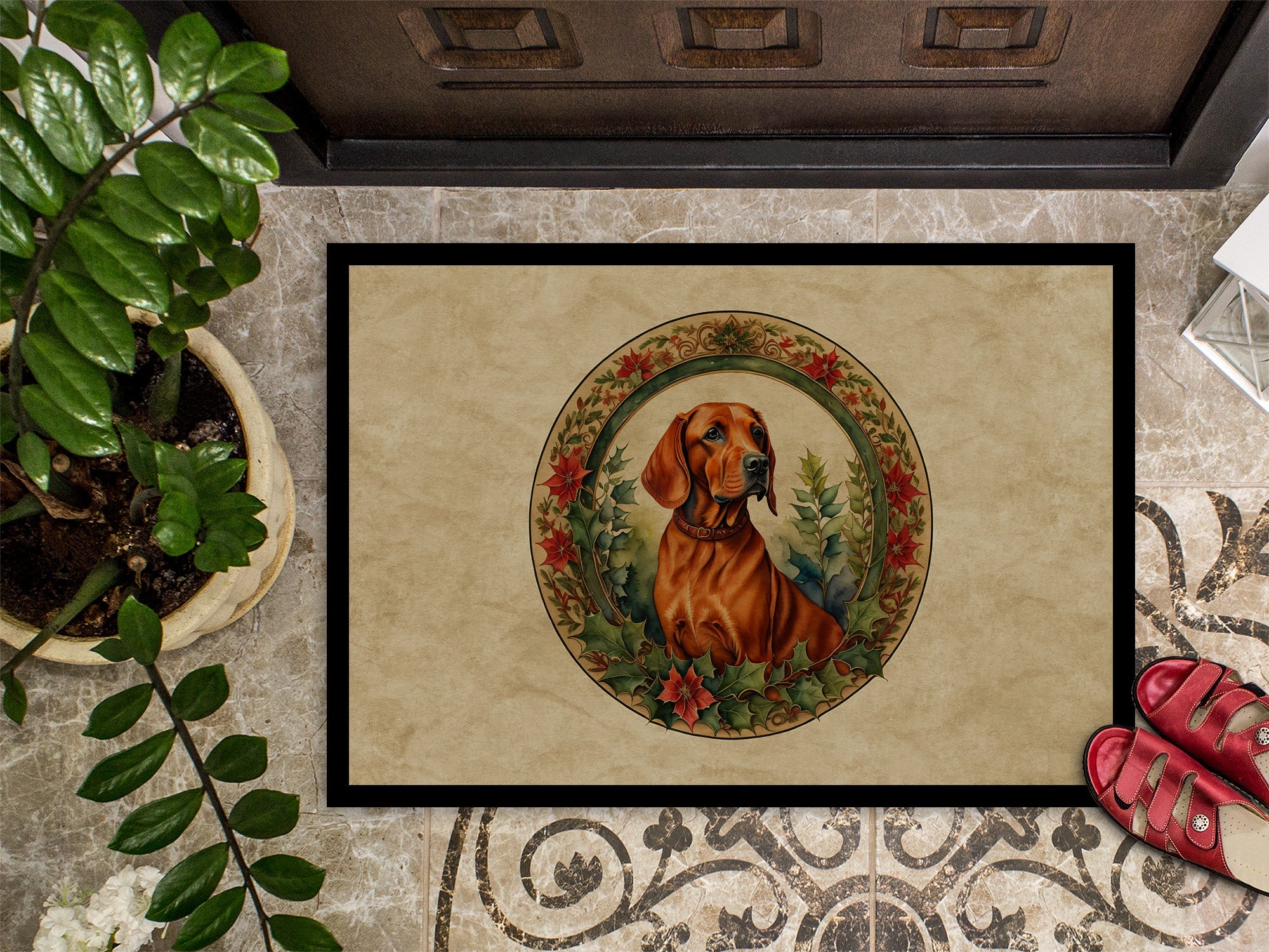 Red Redbone Coonhound Christmas Flowers Doormat Indoor Outdoor 18H X 27W Front Door Mat Rugs for Entryway, Non Slip Washable