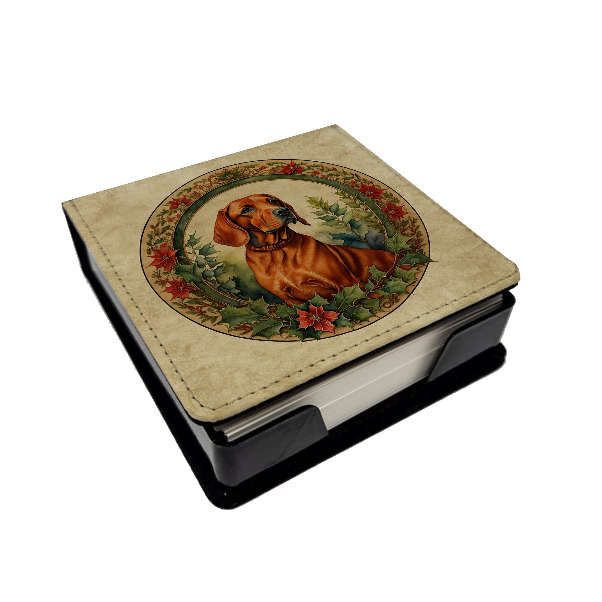 Red Redbone Coonhound Christmas Flowers PU Leather Note Paper Holder with Artist-Designed Cover, Desk Accessory, Office Gift