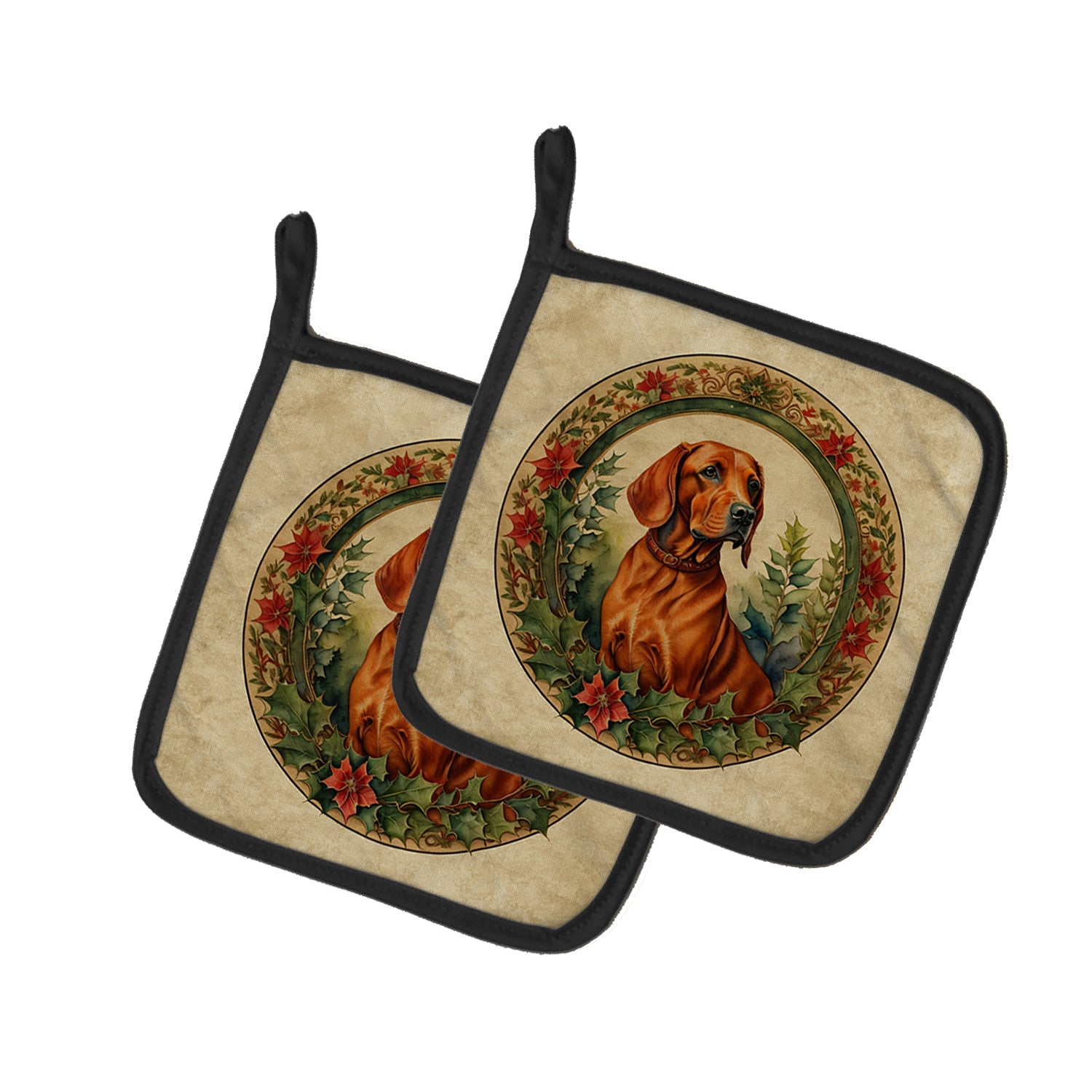 Red Redbone Coonhound Christmas Flowers Pot Holder Set of 2 Heat Resistant Quilted Hot Pads 7.5 x 7.5 Inch, Insulated Kitchen Trivets for Cooking & Baking