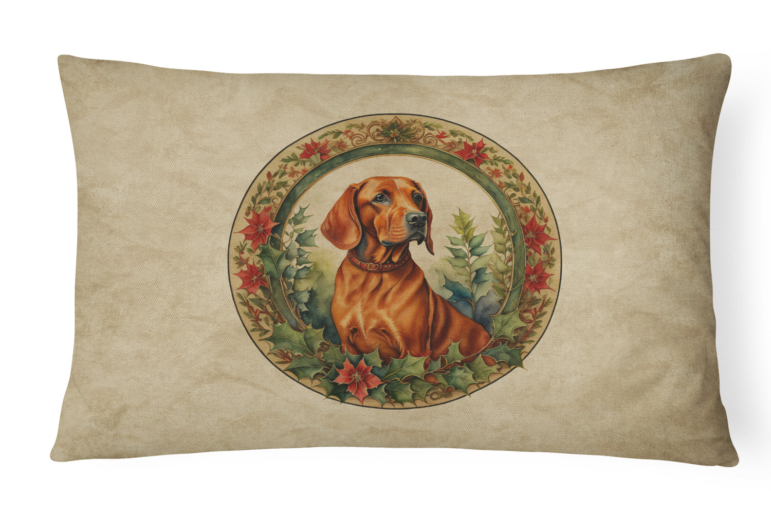 Red Redbone Coonhound Christmas Flowers Decorative Throw Pillow 12x16 Indoor Outdoor Accent Cushion, Fabric Cover with Insert for Sofa, Bed, Porch & Living Room