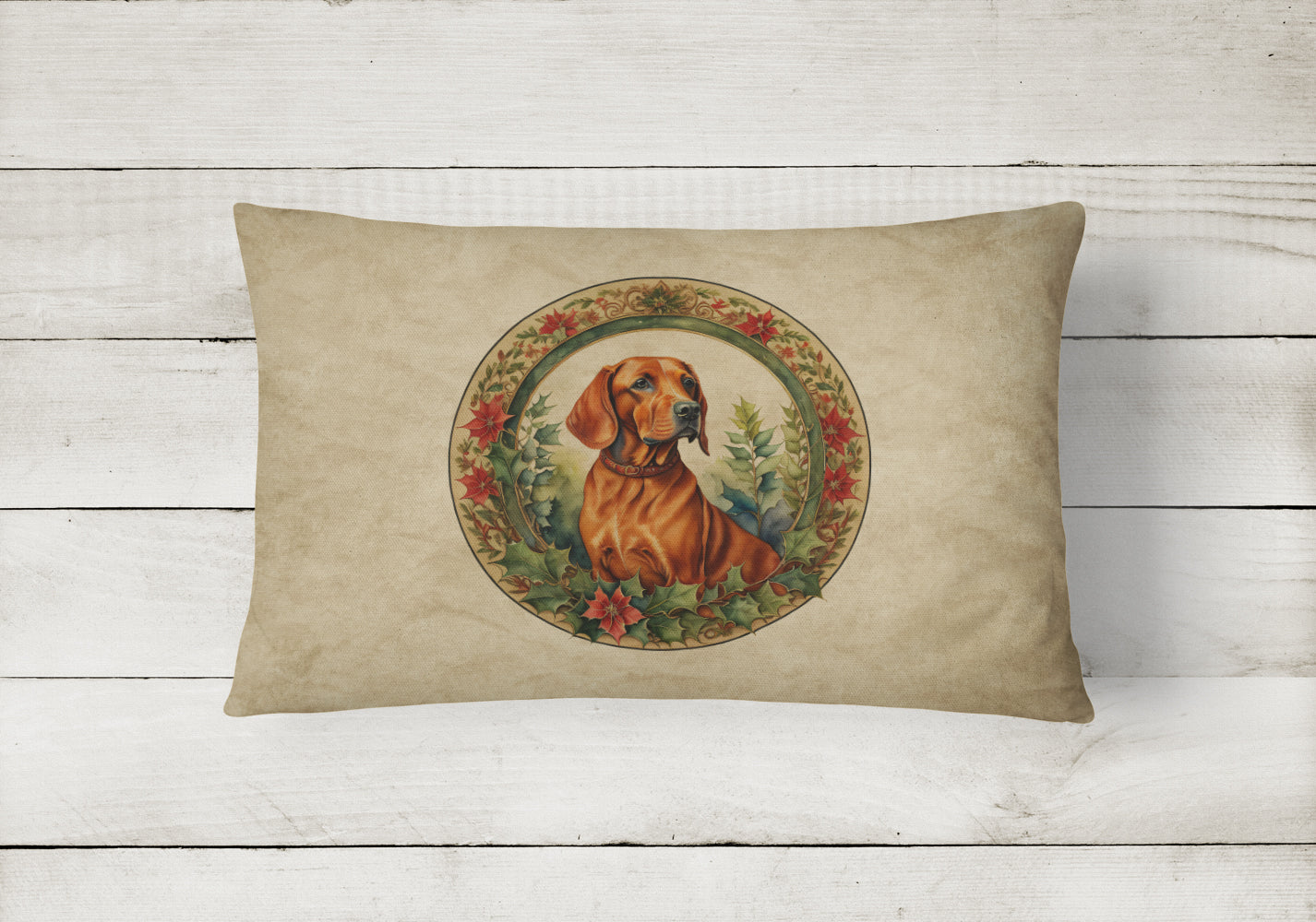 Red Redbone Coonhound Christmas Flowers Decorative Throw Pillow 12x16 Indoor Outdoor Accent Cushion, Fabric Cover with Insert for Sofa, Bed, Porch & Living Room