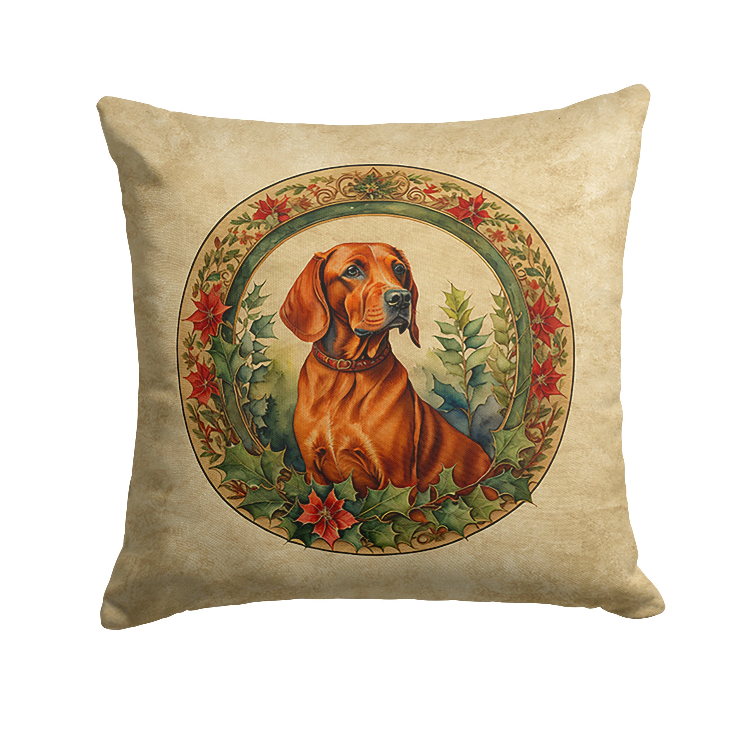 Red Redbone Coonhound Christmas Flowers Decorative Throw Pillow 14x14 Indoor Outdoor Accent Cushion, Fabric Cover with Insert for Sofa, Bed, Porch & Living Room