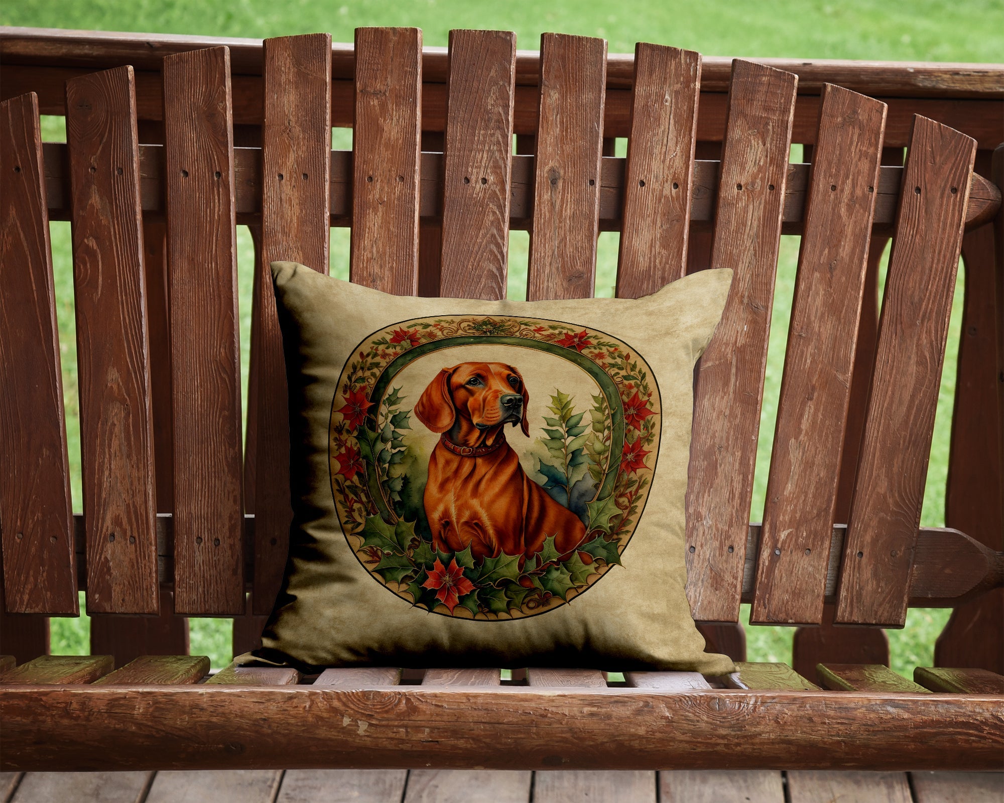 Red Redbone Coonhound Christmas Flowers Decorative Throw Pillow 14x14 Indoor Outdoor Accent Cushion, Fabric Cover with Insert for Sofa, Bed, Porch & Living Room